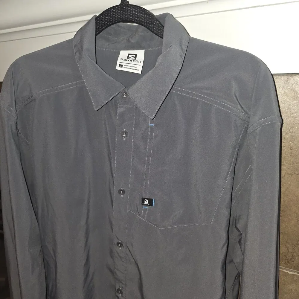 SALOMON Sz L Dark Gray Button Front L/S Logo Casual Outdoor Trail Cycling Shirt